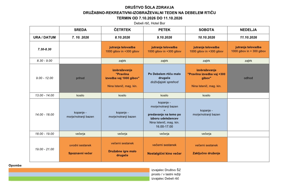 Družabno-rekreativni-izobraževalni teden na Debelem rtiču, program 2026